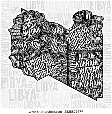 Libya regions map word cloud. Libya region names. Black and white map design. Amazing vector illustration.