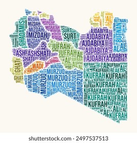 Nube de palabras de las regiones de Libia. Diseño del logotipo de Country. Regiones tipografía estilo Vector Imagen. Nube de texto coloreada de Libia. Ilustración vectorial artística.