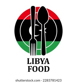 Libyen Restaurant Food Logo. Flaggensymbol mit Plattenlöffel und Gabelsymbol Vorlagendesign