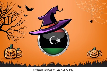 bandera redonda de libia con banner de Happy Halloween o antecedentes de invitación a la fiesta. murciélagos, arañas y calabazas, fondo naranja