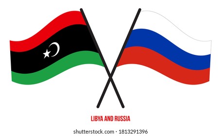Libya and Russia Flags Crossed And Waving Flat Style. Official Proportion. Correct Colors.