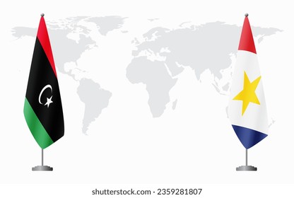 Libyen und Saba-Flaggen für offizielle Treffen auf dem Hintergrund der Weltkarte.