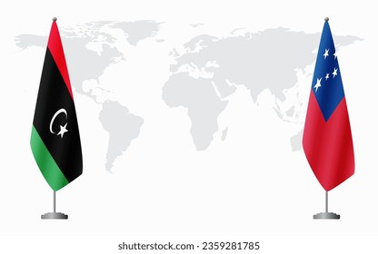 Libya and Samoa flags for official meeting against background of world map.