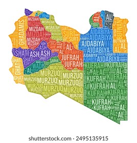 Libya shape. Country word cloud with region division. Libya colored illustration. Region names cloud. Vector illustration.