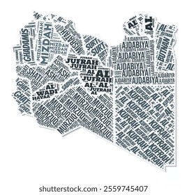 Libya shape text cloud. Country border with shadow on white background. Libya with regions division in vintage gazette style. Awesome vector illustration.