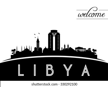 Libya skyline silhouette, black and white design, vector illustration