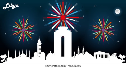 Libya skyline silhouette, dark night sky with fireworks vector design