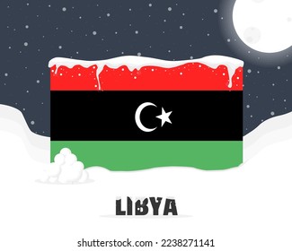 El concepto del clima nevado en Libia, el clima frío y la nevada, el pronóstico del tiempo en Libia, la idea de la bandera de invierno, la capa de nieve sobre la bandera con bolas de nieve y luna, la tormenta de nieve y las condiciones meteorológicas adversas