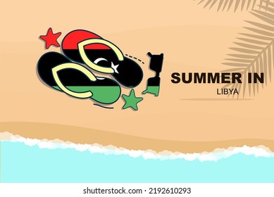 Libya summer holiday vector banner, beach vacation concept, flip flops sunglasses starfish on sand, copy space area, Libya summer travel and tourism idea with flag