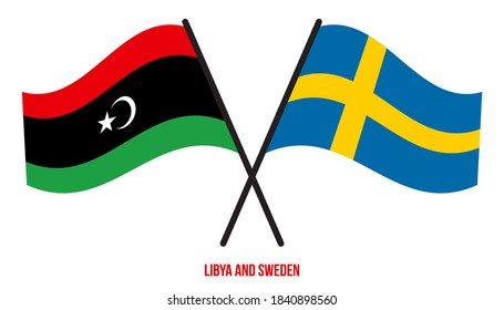 Libya and Sweden Flags Crossed And Waving Flat Style. Official Proportion. Correct Colors.