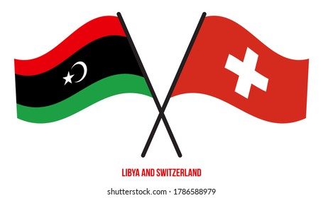 Libya and Switzerland Flags Crossed And Waving Flat Style. Official Proportion. Correct Colors.