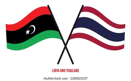 Libya and Thailand Flags Crossed And Waving Flat Style. Official Proportion. Correct Colors.