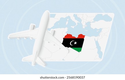 Libya Travel Illustration with Plane and National Flag. Ideal for travel agencies, promotional materials, or geographic content related to Libya.