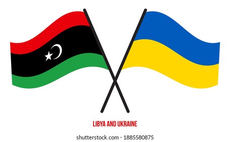 Libya and Ukraine Flags Crossed And Waving Flat Style. Official Proportion. Correct Colors.