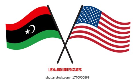 Libya and United States Flags Crossed And Waving Flat Style. Official Proportion. Correct Colors.