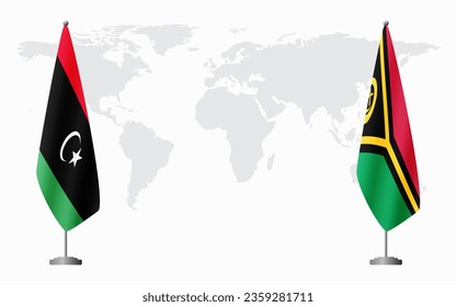 Libya and Vanuatu flags for official meeting against background of world map.