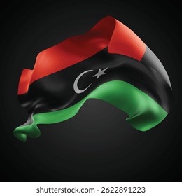 Libya, vector 3d flag with waves on a black background