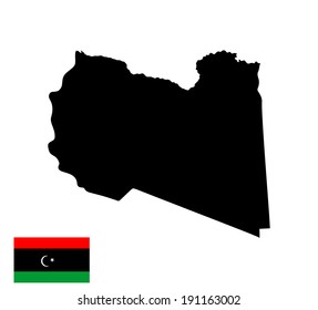 Libya vector map silhouette and flag isolated on white background. High detailed silhouette illustration. Country in north Africa. Arab league member state