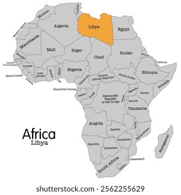 Libya vector map silhouette isolated on Africa map. Editable vector map of Africa. Editable vector map of Africa highlighting Libya. Ideal for educational, geographical, and travel-related projects