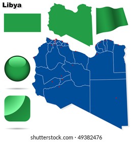 Libya vector set. Detailed country shape with region borders, flags and icons isolated on white background.