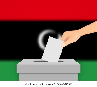 Libya vote election banner background. Ballot Box with blurred flag