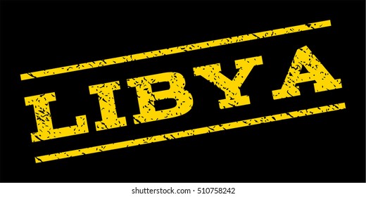 Libya watermark stamp. Text caption between parallel lines with grunge design style. Rubber seal stamp with unclean texture. Vector yellow color ink imprint on a blue background.