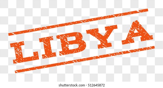 Libya watermark stamp. Text caption between parallel lines with grunge design style. Rubber seal stamp with dirty texture. Vector orange color ink imprint on a chess transparent background.
