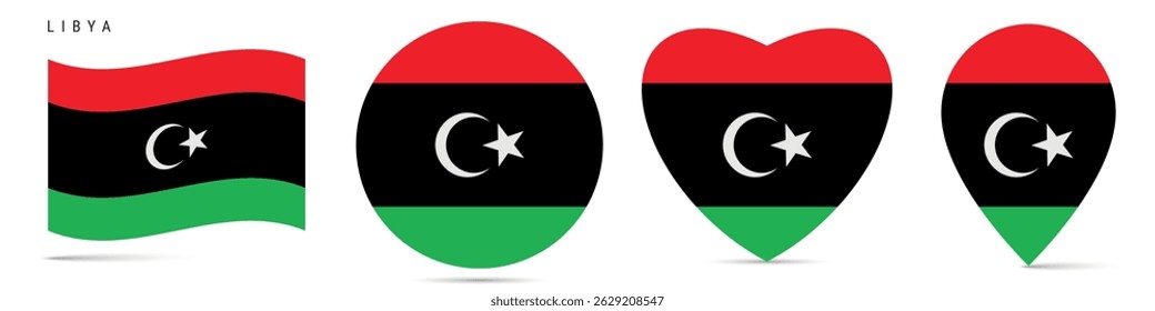 Libya waving flag, round circle sticker badge, heart shaped icon, map pin. Libyan flag buttons of different shapes. Vector illustration isolated on white.
