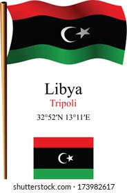 libya wavy flag and coordinates against white background, vector art illustration, image contains transparency