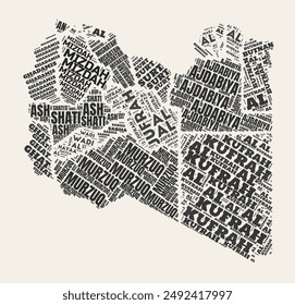 Libya Word Cloud. Country with regions division. Libya typographic text clouds vector image design. Vintage gazette style country shape image. Artistic vector illustration.