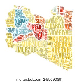 In: Libya Word Cloud. Country-Form mit Bereichsunterteilung. Libyen Typografie Stil Bild. Regionsnamen kennzeichnen Wolken. Vektorillustration.