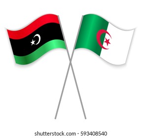 Libyan and Algerian crossed flags. Libya combined with Algeria isolated on white. Language learning, international business or travel concept.
