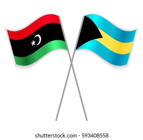 Libyan and Bahamian crossed flags. Libya combined with Bahamas isolated on white. Language learning, international business or travel concept.