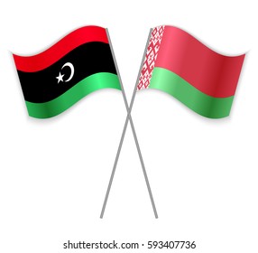 Libyan and Belarusian crossed flags. Libya combined with Belarus isolated on white. Language learning, international business or travel concept.
