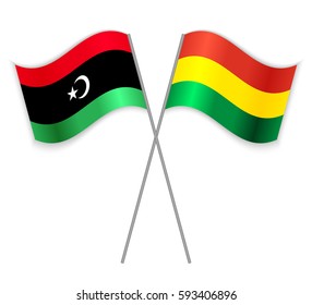 Libyan and Bolivian crossed flags. Libya combined with Bolivia isolated on white. Language learning, international business or travel concept.
