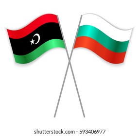 Libyan and Bulgarian crossed flags. Libya combined with Bulgaria isolated on white. Language learning, international business or travel concept.