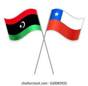 Libyan and Chilean crossed flags. Libya combined with Chile isolated on white. Language learning, international business or travel concept.