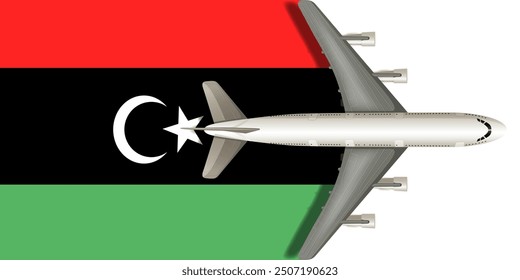 Libyan flag with airplane flying over it close up. Vector image.