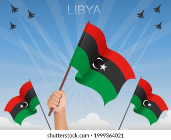 Libyan flags flying under the blue sky langit