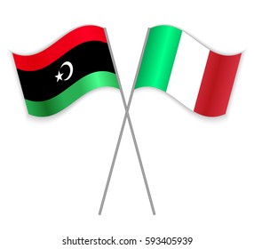 Libyan and Italian crossed flags. Libya combined with Italy isolated on white. Language learning, international business or travel concept.