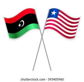 Libyan and Liberian crossed flags. Libya combined with Liberia isolated on white. Language learning, international business or travel concept.