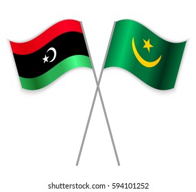 Libyan and Mauritanian crossed flags. Libya combined with Mauritania isolated on white. Language learning, international business or travel concept.