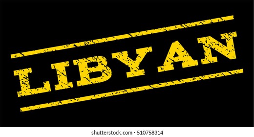 Libyan watermark stamp. Text caption between parallel lines with grunge design style. Rubber seal stamp with scratched texture. Vector yellow color ink imprint on a blue background.