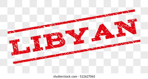 Libyan watermark stamp. Text tag between parallel lines with grunge design style. Rubber seal stamp with dust texture. Vector red color ink imprint on a chess transparent background.