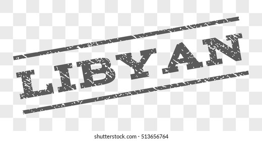 Libyan watermark stamp. Text tag between parallel lines with grunge design style. Rubber seal stamp with unclean texture. Vector grey color ink imprint on a chess transparent background.