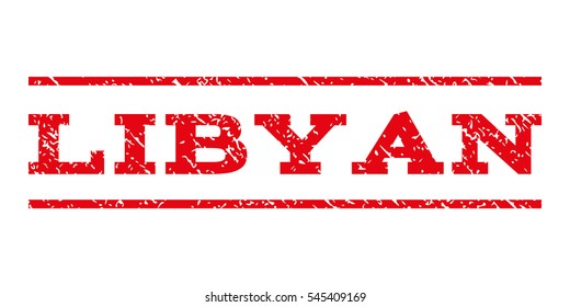 Libyan watermark stamp. Text tag between horizontal parallel lines with grunge design style. Rubber seal stamp with dust texture. Vector intensive red color ink imprint on a white background.