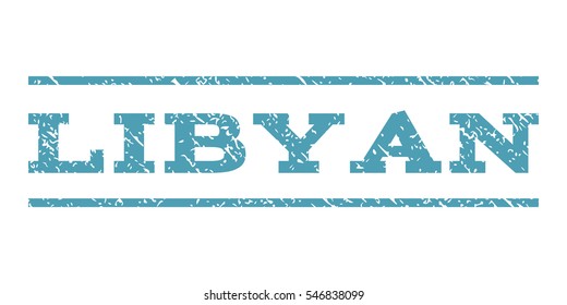 Libyan watermark stamp. Text tag between horizontal parallel lines with grunge design style. Rubber seal stamp with scratched texture. Vector cyan color ink imprint on a white background.