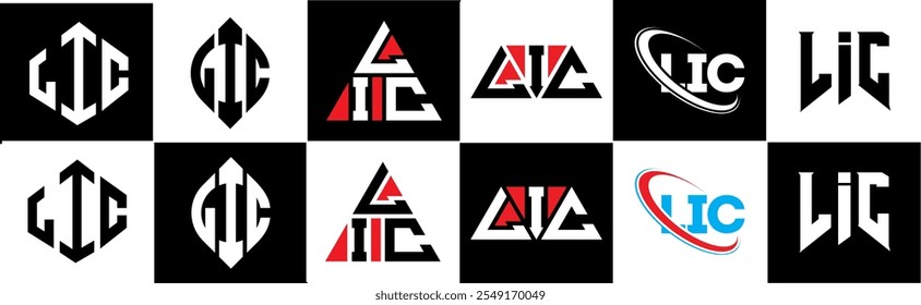 LIC letter logo design in six style. LIC polygon, circle, triangle, hexagon, flat and simple style with black and white color variation letter logo set in one artboard. LIC minimalist and classic logo