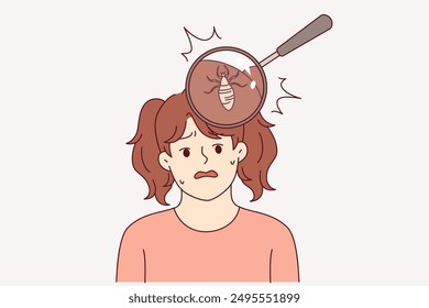 Lice and parasites live in hair of little girl who needs medicated shampoo or visit to special hairdresser. Upset child suffers from pediculosis due to lice that laid eggs inside unwashed hairstyle