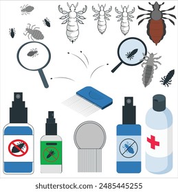 Lice treatment concept with hand with magnifying glass over drawing of louse with prohibited sign and accessories and products on a white table. lice comb for removing nits. 2569